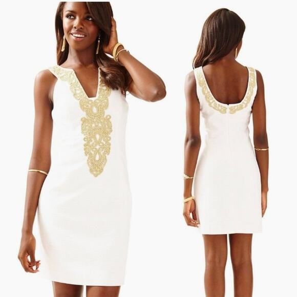 Lilly Pulitzer Suzette Shift Dress White Resort Gold Embroidery Sheath Mini sz 2 - Picture 2 of 14
